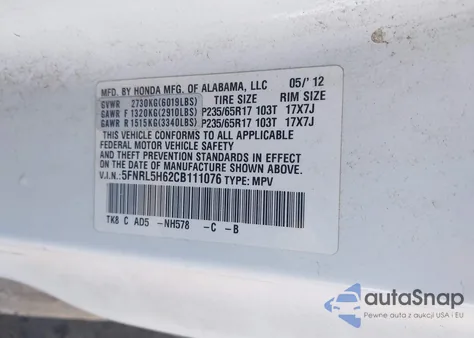 2012 Honda Odyssey Ex-L z USA, uszkodzony, nr VIN 5FNRL5H62CB111076